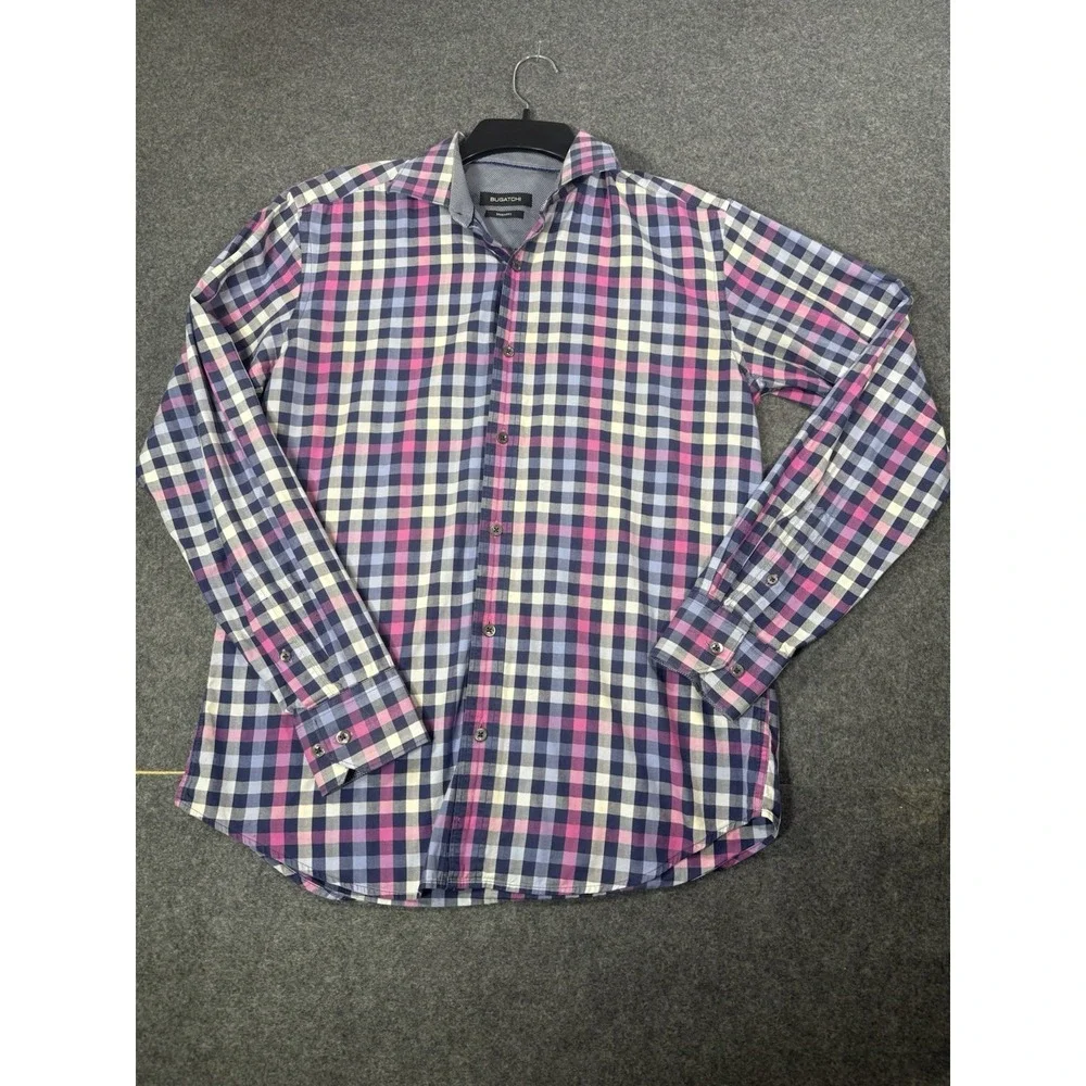 Bugatchi Shaped Fit Plaid‎ Herringbone Long Sleeve Button Down Shirt Small